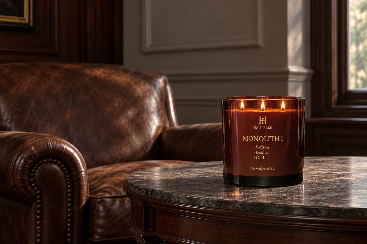 MONOLITH I scented candle burning on a marble-topped wooden table beside a brown leather armchair.